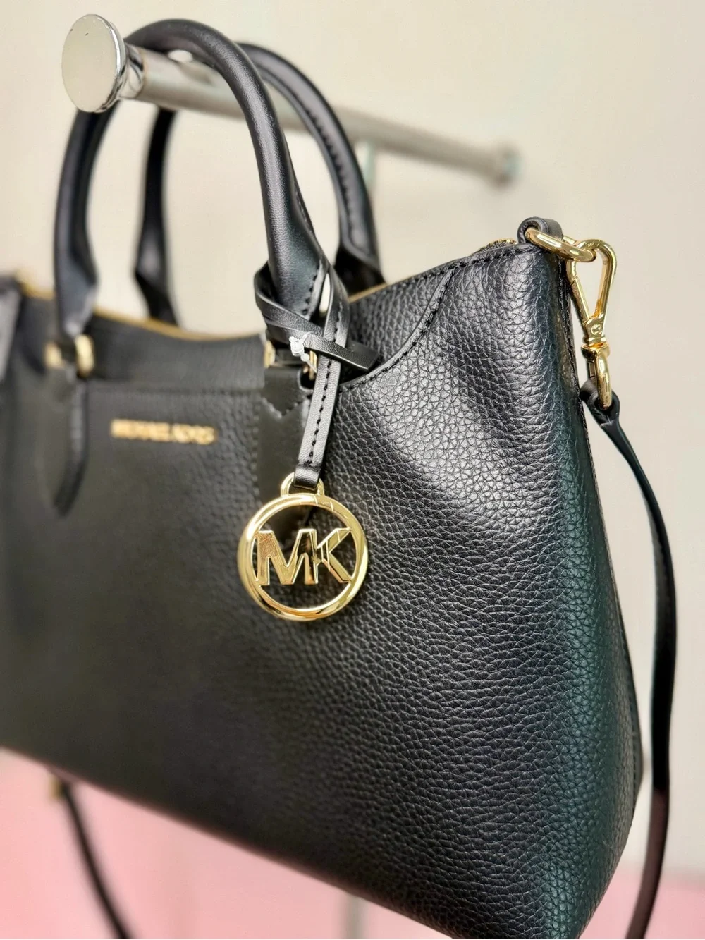 Michael Kors Black Pebbled Leather Dome Satchel with Gold Hardware